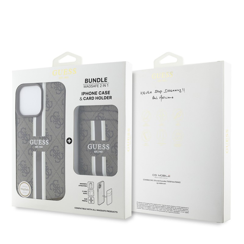 Bal-z Apple iPhone 15 Pro Max Kılıf Guess Orjinal Lisanslı M-safe Şarj Özellikli 4G Desenli Çizgili Kartlıklı Kapak