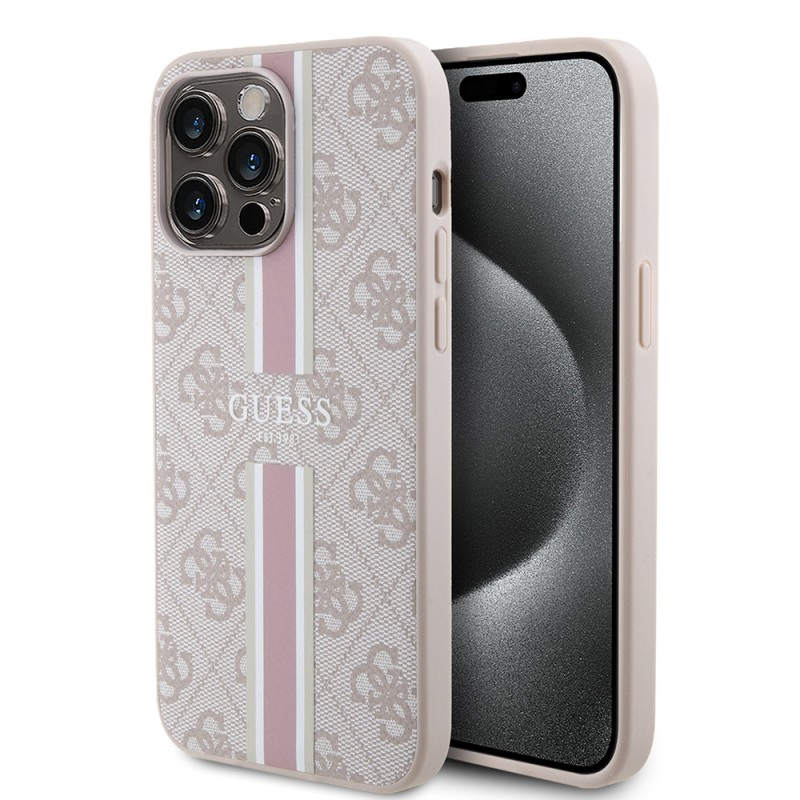 Bal-z Apple iPhone 15 Pro Max Kılıf Guess Orjinal Lisanslı M-safe Şarj Özellikli 4G Şerit Tasarımlı Printed Kapak