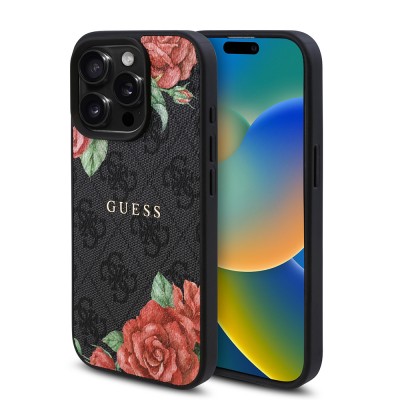 Bal-z Apple iPhone 15 Pro Max Kılıf Guess Orjinal Lisanslı M-safe Şarj Özellikli Gül Baskılı 4G Desenli Yazı Logolu Kapak