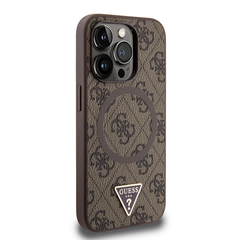 Bal-z Apple iPhone 15 Pro Max Kılıf Guess Orjinal Lisanslı M-safe Şarj Özellikli PU Üçgen Logo 4G Desenli Kapak