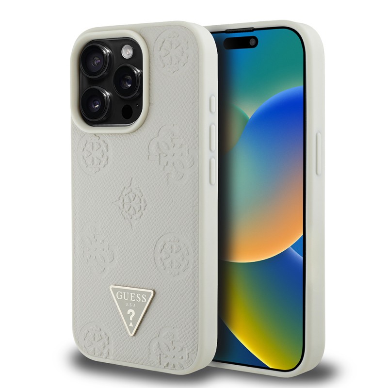 Bal-z Apple iPhone 15 Pro Max Kılıf Guess Orjinal Lisanslı M-safe Şarj Özellikli Sıcak Baskılı Üçgen Logolu PU Deri Peony Kapak