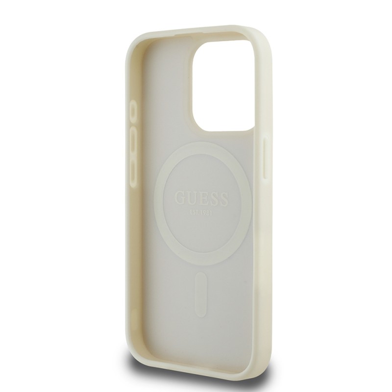 Bal-z Apple iPhone 15 Pro Max Kılıf Guess Orjinal Lisanslı M-safe Şarj Özellikli Sıcak Baskılı Üçgen Logolu PU Deri Peony Kapak