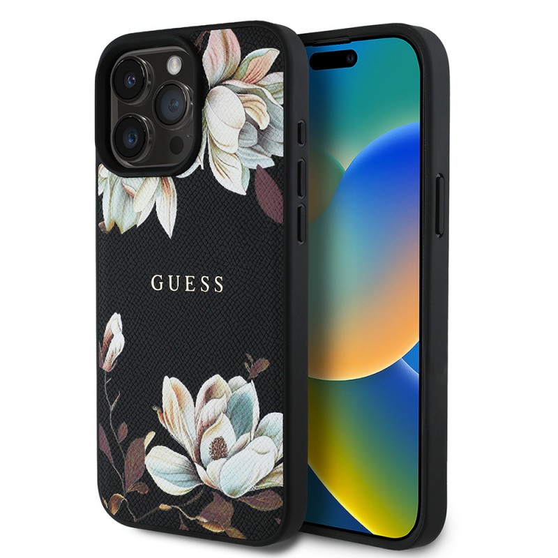 Bal-z Apple iPhone 15 Pro Max Kılıf Guess Orjinal Lisanslı M-safe Şarj Özellikli Taneli Çiçek Tasarımlı Metal Yazı Logolu Kapak