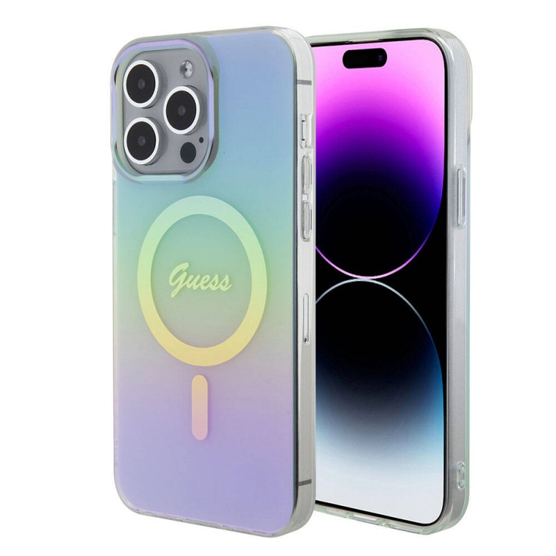 Bal-z Apple iPhone 15 Pro Max Kılıf Guess Orjinal Lisanslı M-safe Şarj Özellikli Yazı Logolu Iridescent Kapak