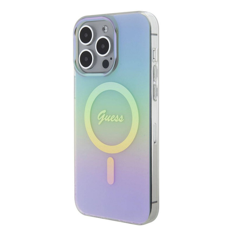 Bal-z Apple iPhone 15 Pro Max Kılıf Guess Orjinal Lisanslı M-safe Şarj Özellikli Yazı Logolu Iridescent Kapak