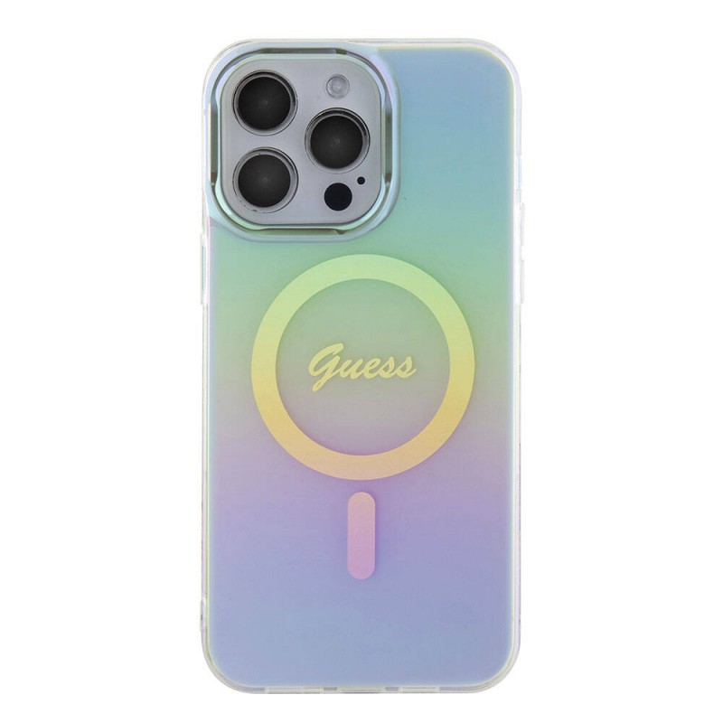 Bal-z Apple iPhone 15 Pro Max Kılıf Guess Orjinal Lisanslı M-safe Şarj Özellikli Yazı Logolu Iridescent Kapak