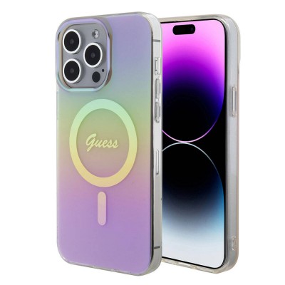 Bal-z Apple iPhone 15 Pro Max Kılıf Guess Orjinal Lisanslı M-safe Şarj Özellikli Yazı Logolu Iridescent Kapak
