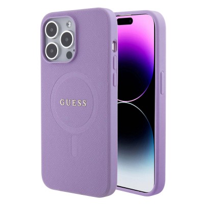 Bal-z Apple iPhone 15 Pro Max Kılıf Guess Orjinal Lisanslı M-safe Şarj Özellikli Yazı Logolu Saffiano Kapak