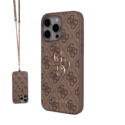 Bal-z Apple iPhone 15 Pro Max Kılıf Guess Orjinal Lisanslı PU Deri 4G Büyük Metal Logolu Çapraz Vücut Askılı Kapak