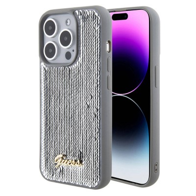 Bal-z Apple iPhone 15 Pro Max Kılıf Guess Orjinal Lisanslı Pullu Arka Yüzey Metal Yazı Logolu Sequin Script Kapak