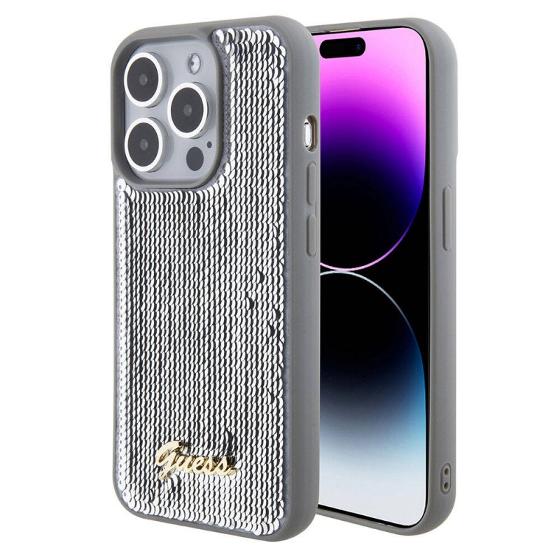 Bal-z Apple iPhone 15 Pro Max Kılıf Guess Orjinal Lisanslı Pullu Arka Yüzey Metal Yazı Logolu Sequin Script Kapak