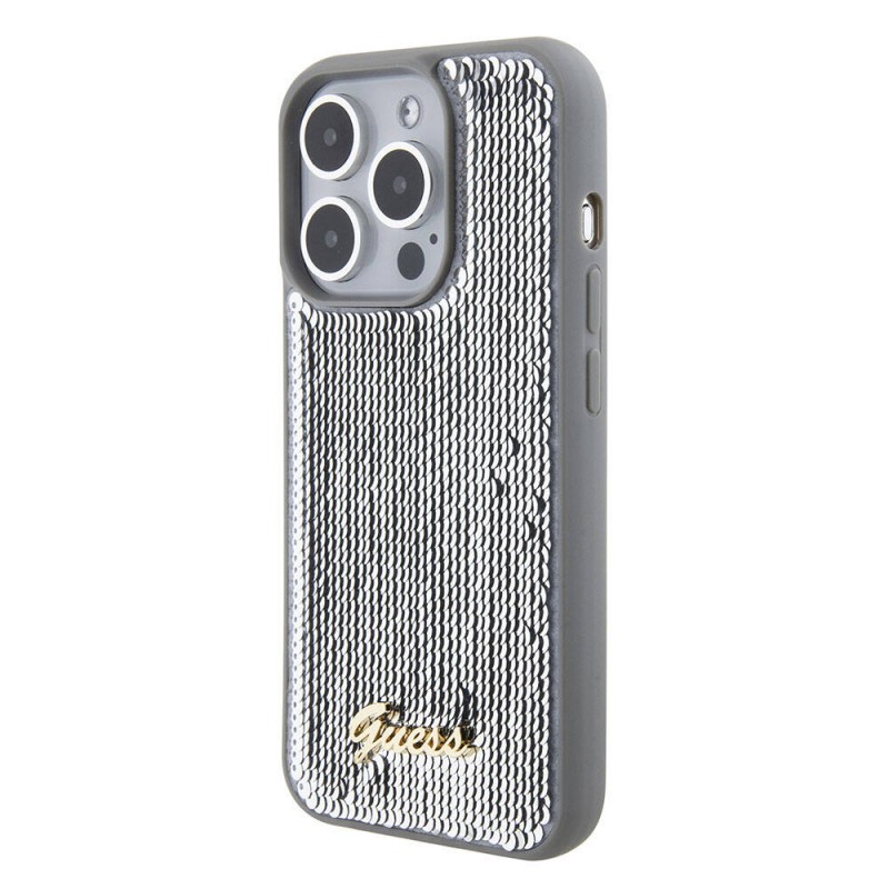 Bal-z Apple iPhone 15 Pro Max Kılıf Guess Orjinal Lisanslı Pullu Arka Yüzey Metal Yazı Logolu Sequin Script Kapak