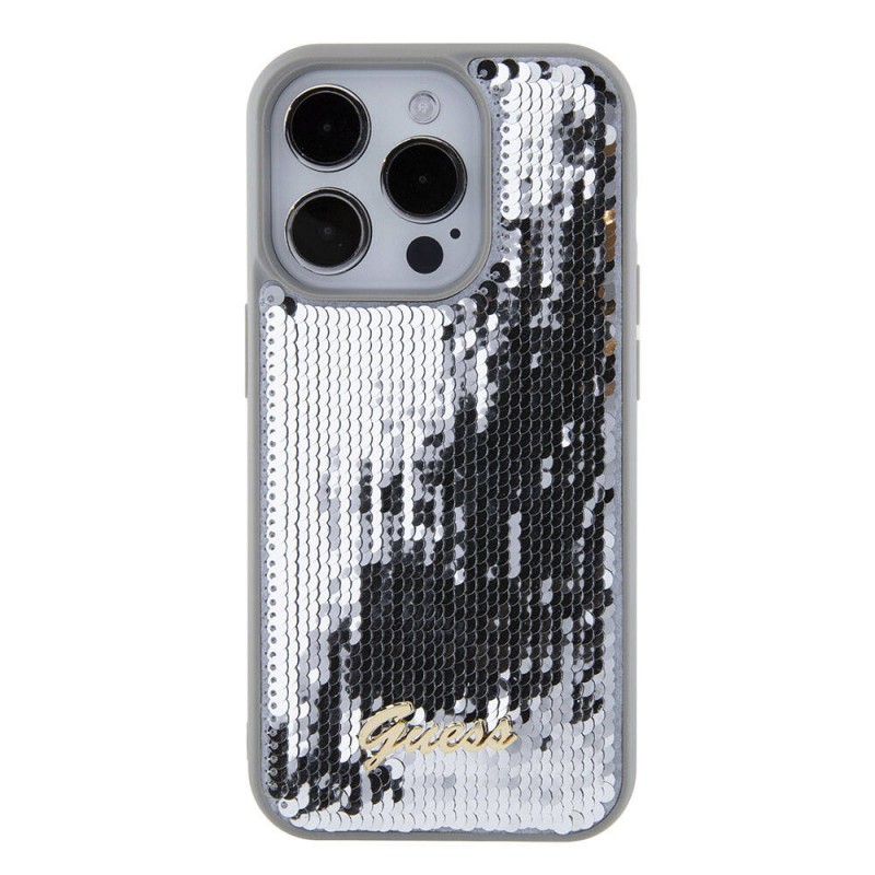 Bal-z Apple iPhone 15 Pro Max Kılıf Guess Orjinal Lisanslı Pullu Arka Yüzey Metal Yazı Logolu Sequin Script Kapak