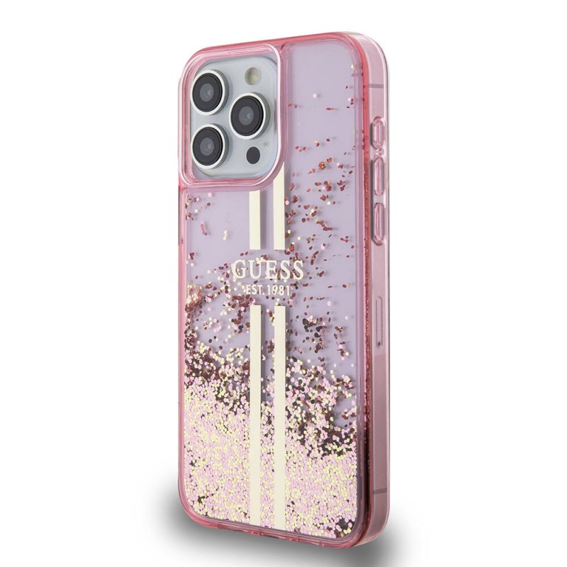 Bal-z Apple iPhone 15 Pro Max Kılıf Guess Orjinal Lisanslı Transparan Sıvılı Simli Altın Çizgili Kapak