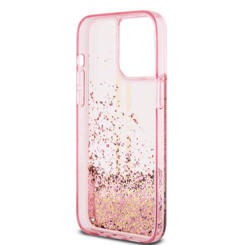 Bal-z Apple iPhone 15 Pro Max Kılıf Guess Orjinal Lisanslı Transparan Sıvılı Simli Altın Çizgili Kapak