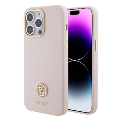 Bal-z Apple iPhone 15 Pro Max Kılıf Guess Orjinal Lisanslı Yazı ve Taşlı 4G Logolu Metal Kamera Çerçeveli Silikon Kapak