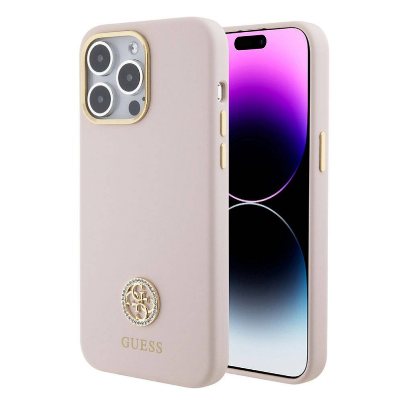 Bal-z Apple iPhone 15 Pro Max Kılıf Guess Orjinal Lisanslı Yazı ve Taşlı 4G Logolu Metal Kamera Çerçeveli Silikon Kapak