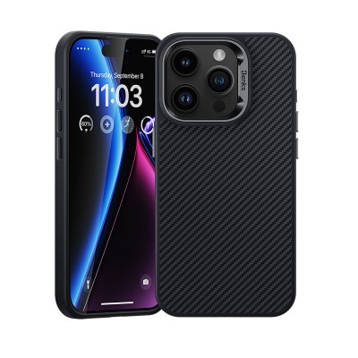 Bal-z Apple iPhone 15 Pro Max Kılıf Karbon Fiber M-safe Şarj Özellikli Benks Hybrid ArmorPro 600D Kevlar Kapak