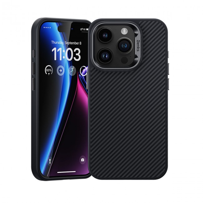 Apple iPhone 15 Pro Max Kılıf Karbon Fiber Magsafe Şarj Özellikli Benks Hybrid ArmorPro 600D Kevlar Kapak Apple iPhone 15 Pro Max Kılıf Karbon Fiber Magsafe Şarj Özellikli Benks Hybrid ArmorPro 600D Kevlar Kapak