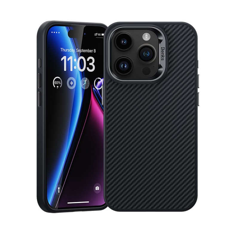Bal-z Apple iPhone 15 Pro Max Kılıf Karbon Fiber M-safe Şarj Özellikli Benks Hybrid ArmorPro 600D Kevlar Kapak