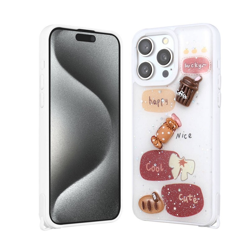 Bal-z Apple iPhone 15 Pro Max Kılıf Parlayan Simli Kabartma Figürlü  Cevze Kapak