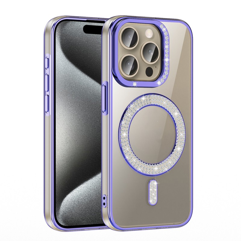 Bal-z Apple iPhone 15 Pro Max Kılıf Pırlanta Taş Tasarımlı M-safe Şarj Özellikli Zore Karetta Silikon Kapak