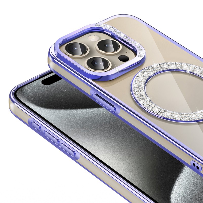 Bal-z Apple iPhone 15 Pro Max Kılıf Pırlanta Taş Tasarımlı M-safe Şarj Özellikli Zore Karetta Silikon Kapak