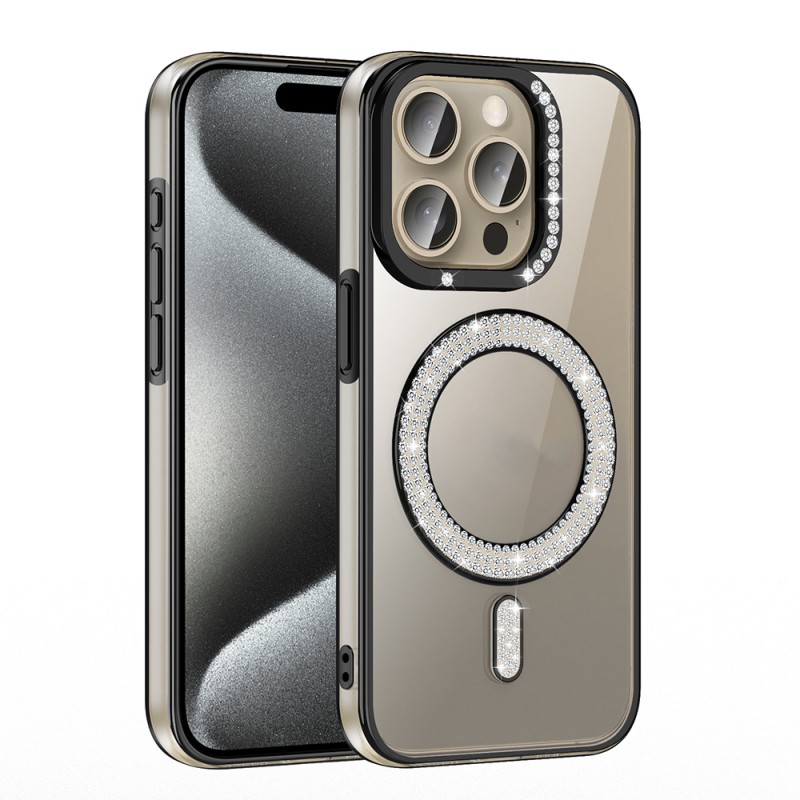 Bal-z Apple iPhone 15 Pro Max Kılıf Pırlanta Taş Tasarımlı M-safe Şarj Özellikli Zore Karetta Silikon Kapak