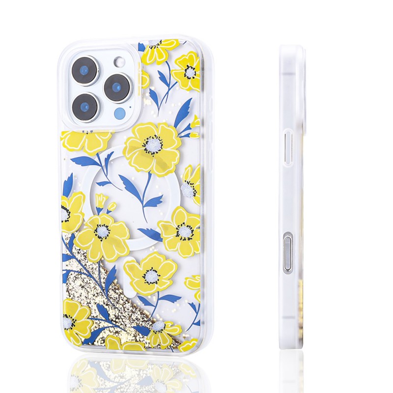 Bal-z Apple iPhone 15 Pro Max Kılıf Sıvılı Simli Baskılı Şeffaf Arka Yüzey Zore Mossa Silikon Kapak