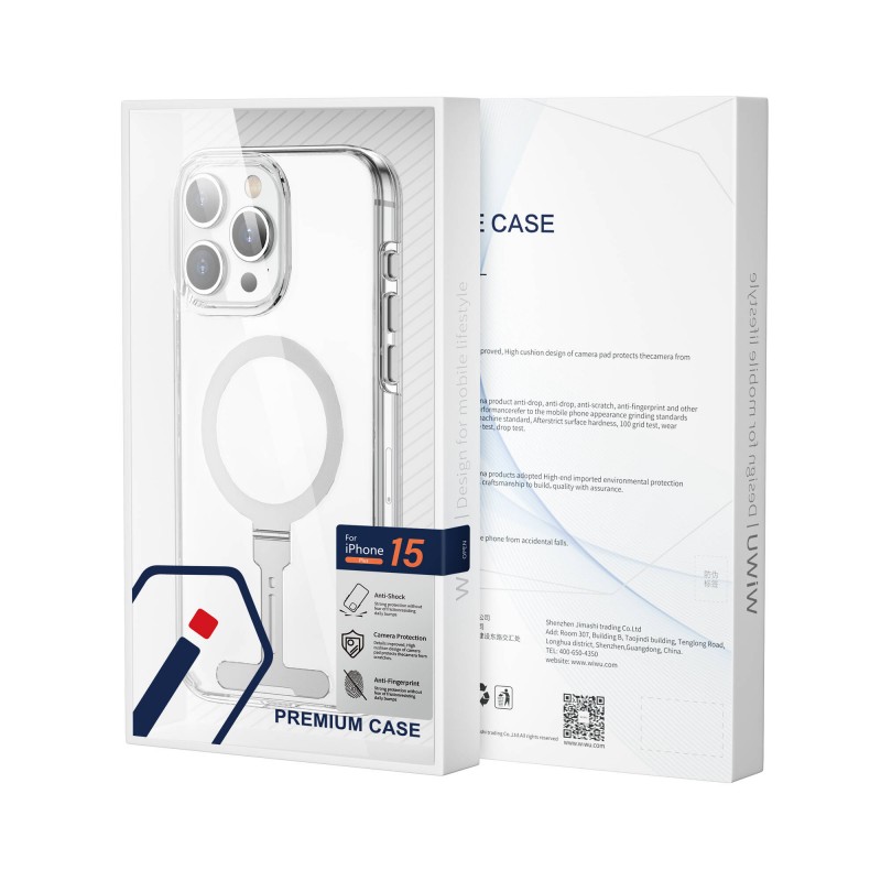 Bal-z Apple iPhone 15 Pro Max Kılıf Wiwu FYY-014 M-safe Şarj Özellikli Alüminyum Alaşım Metal Standlı Şeffaf Kapak