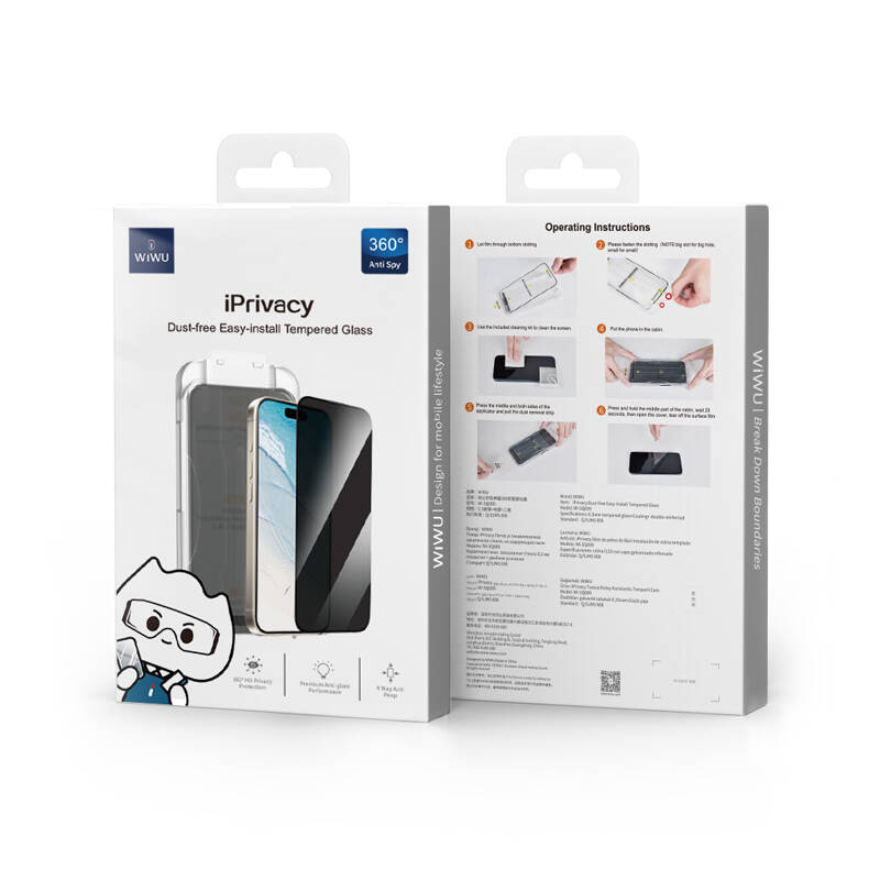 Bal-z Apple iPhone 15 Pro Max Wiwu Wi-SQ009 Easy Install iPrivacy 360° Anti-Peep Oleofobik Temperli Cam Ekran Koruyucu + Kolay Uygulama Aparatlı