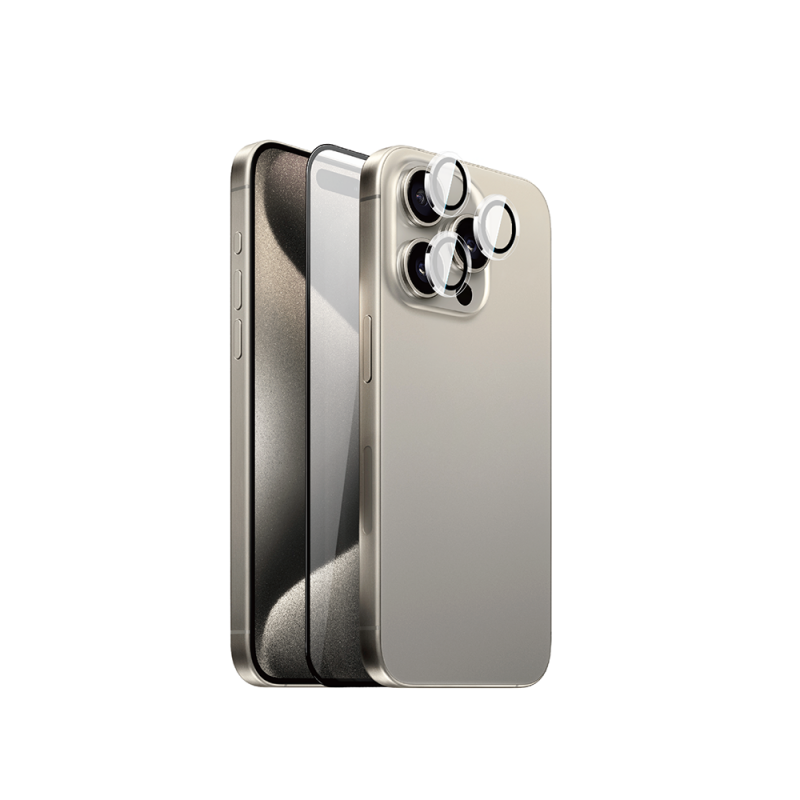 Bal-z Apple iPhone 15 Pro Wiwu Wi-IP002 2in1 Temperli Cam Ahize Toz Önleyici Ekran Koruyucu ve Kamera Lens Koruyucu Set