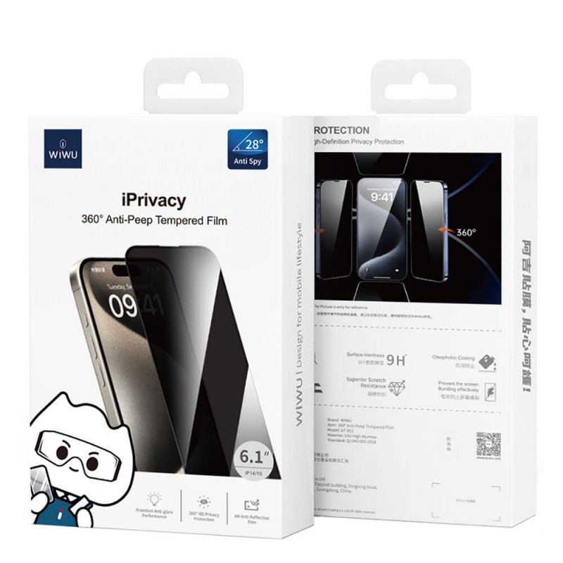 Bal-z Apple iPhone 15 Wiwu GT-011 Anti-Bakteriyel Özellikli Polimer Oleofobik Kaplama Temperli Privacy Cam Ekran Koruyucu