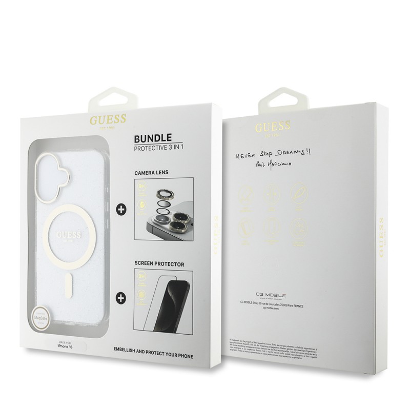 Bal-z Apple iPhone 16 Guess Orjinal Lisanslı 3'lü Aksesuar Seti IML Baskılı Simli Glitter Kılıf + Ekran Koruyucu + Lens Koruyucu