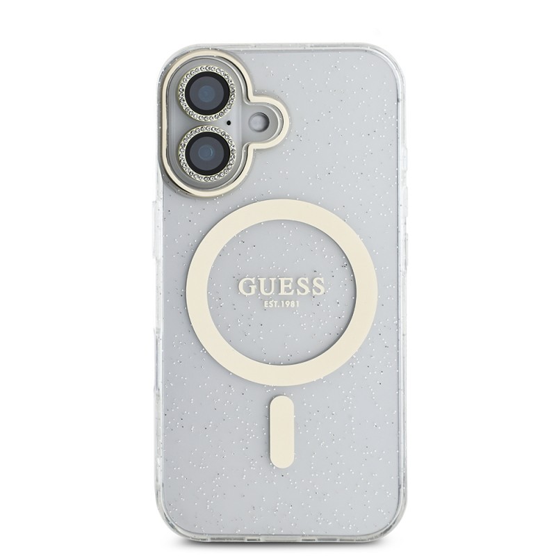 Bal-z Apple iPhone 16 Guess Orjinal Lisanslı 3'lü Aksesuar Seti IML Baskılı Simli Glitter Kılıf + Ekran Koruyucu + Lens Koruyucu