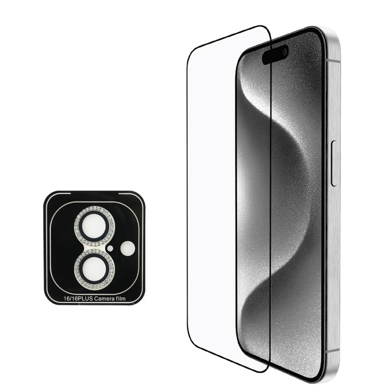 Bal-z Apple iPhone 16 Guess Orjinal Lisanslı 3'lü Aksesuar Seti IML Baskılı Simli Glitter Kılıf + Ekran Koruyucu + Lens Koruyucu