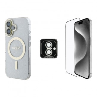 Apple iPhone 16 Guess Orjinal Lisanslı 3'lü Aksesuar Seti IML Baskılı Simli Glitter Kılıf + Ekran Koruyucu + Lens Koruyucu Apple iPhone 16 Guess Orjinal Lisanslı 3'lü Aksesuar Seti IML Baskılı Simli Glitter Kılıf + Ekran Koruyucu + Lens Koruyucu