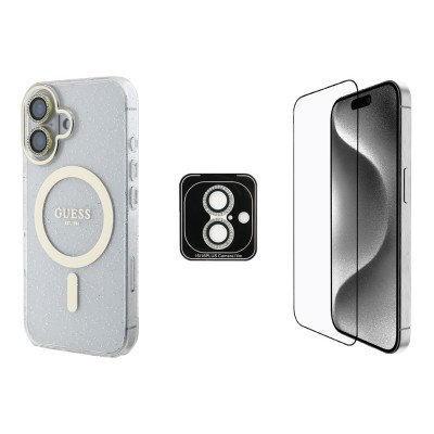 Bal-z Apple iPhone 16 Guess Orjinal Lisanslı 3'lü Aksesuar Seti IML Baskılı Simli Glitter Kılıf + Ekran Koruyucu + Lens Koruyucu