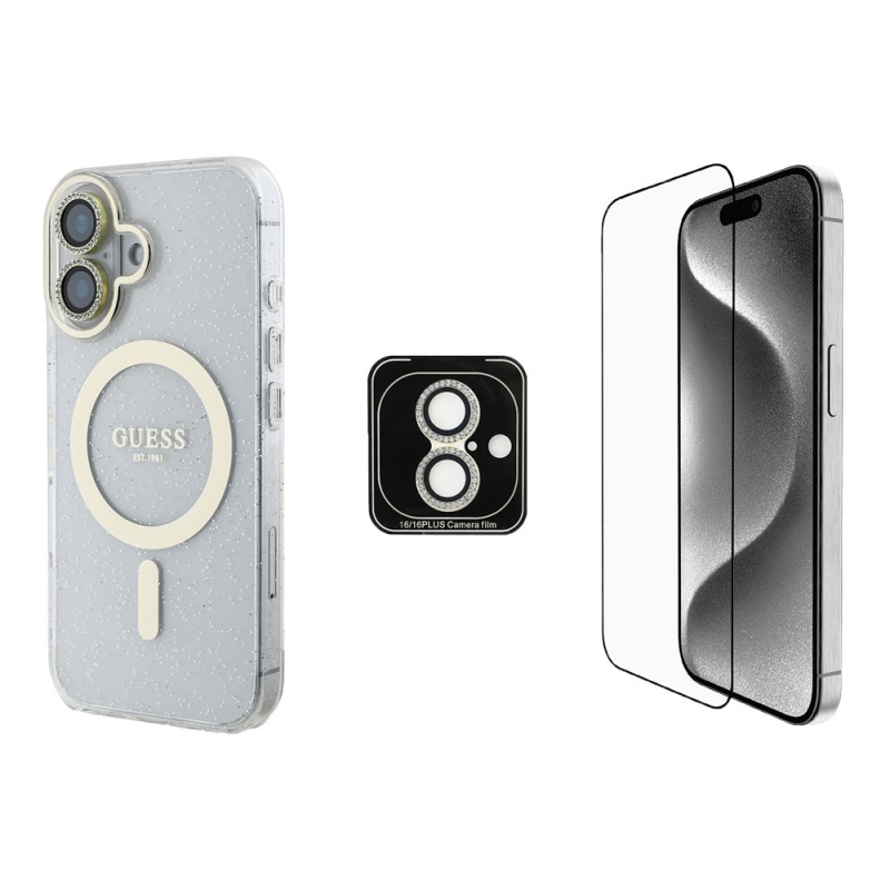Bal-z Apple iPhone 16 Guess Orjinal Lisanslı 3'lü Aksesuar Seti IML Baskılı Simli Glitter Kılıf + Ekran Koruyucu + Lens Koruyucu