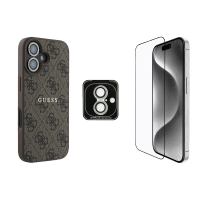 Bal-z Apple iPhone 16 Guess Orjinal Lisanslı Kılıf + Ekran Koruyucu + Lens Koruyucu 3in1 Aksesuar Seti