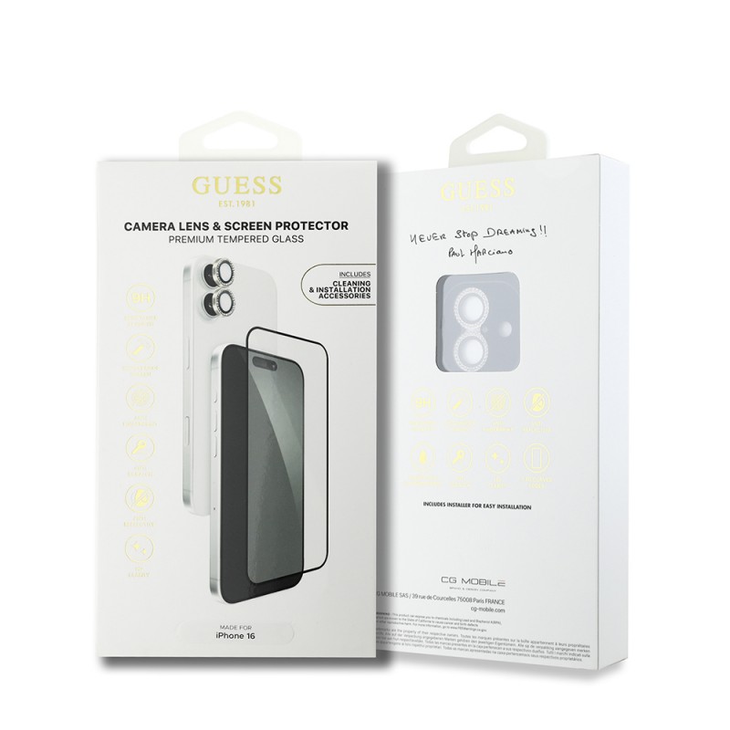 Bal-z Apple iPhone 16 Guess Orjinal Lisanslı Rhinestone Ekran Koruyucu + Lens Koruyucu 2in1 Aksesuar Seti