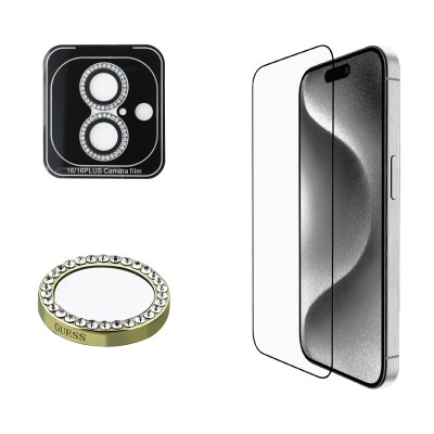 Bal-z Apple iPhone 16 Guess Orjinal Lisanslı Rhinestone Ekran Koruyucu + Lens Koruyucu 2in1 Aksesuar Seti