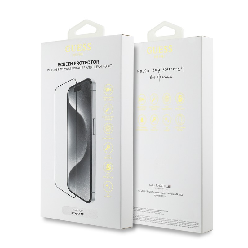 Bal-z Apple iPhone 16 Guess Orjinal Lisanslı Temperli Cam Ekran Koruyucu Uygulama Aparatlı Outline Serisi