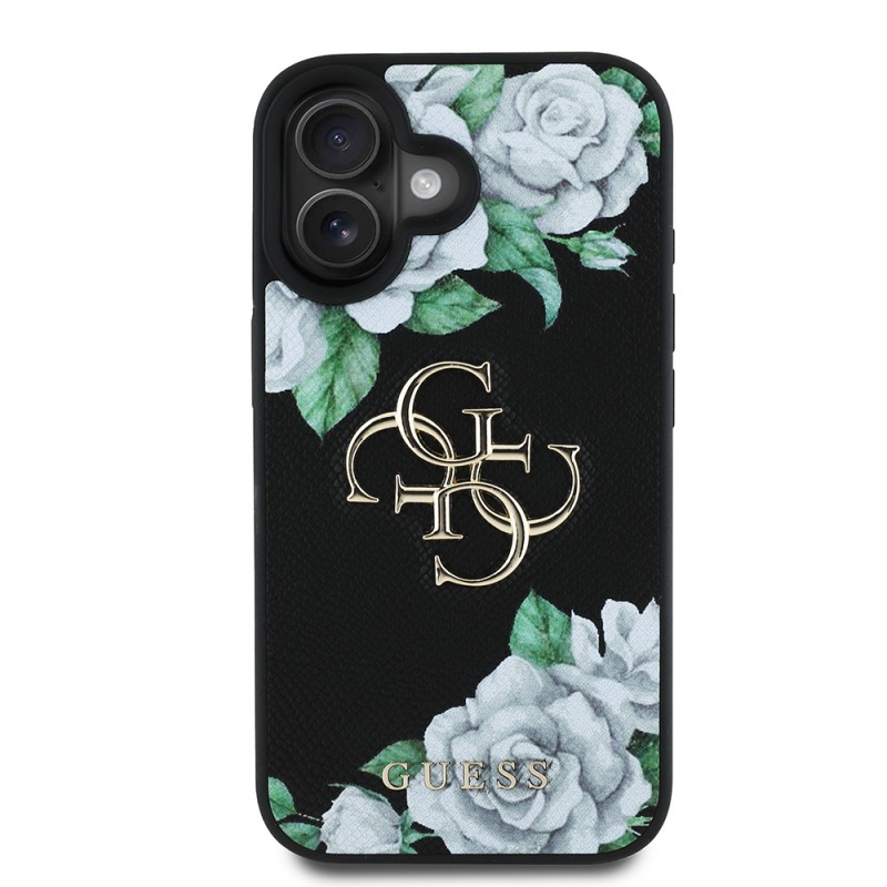 Bal-z Apple iPhone 16 Kılıf Guess Orjinal Lisanslı Gül Baskılı Büyük Metal Logo Dizaynlı Kapak