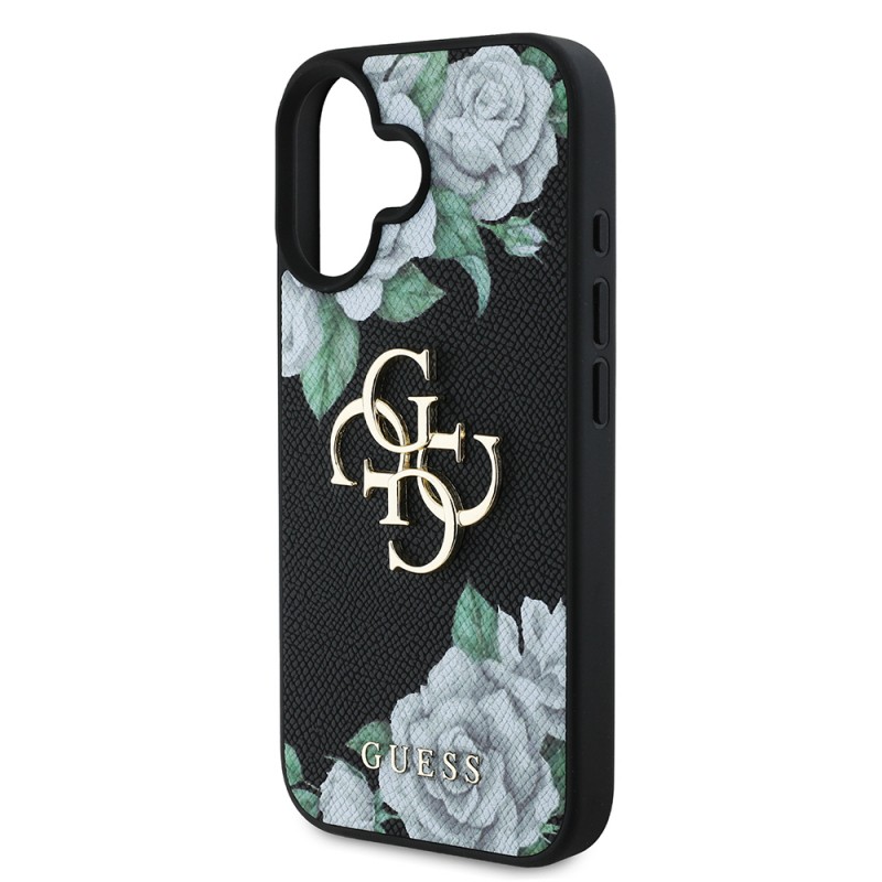 Bal-z Apple iPhone 16 Kılıf Guess Orjinal Lisanslı Gül Baskılı Büyük Metal Logo Dizaynlı Kapak