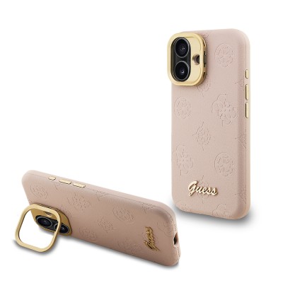 Bal-z Apple iPhone 16 Kılıf Guess Orjinal Lisanslı M-safe Şarj Özellikli Sıcak Baskılı Yazı Logolu Kamera Standlı PU Deri Peony Kapak