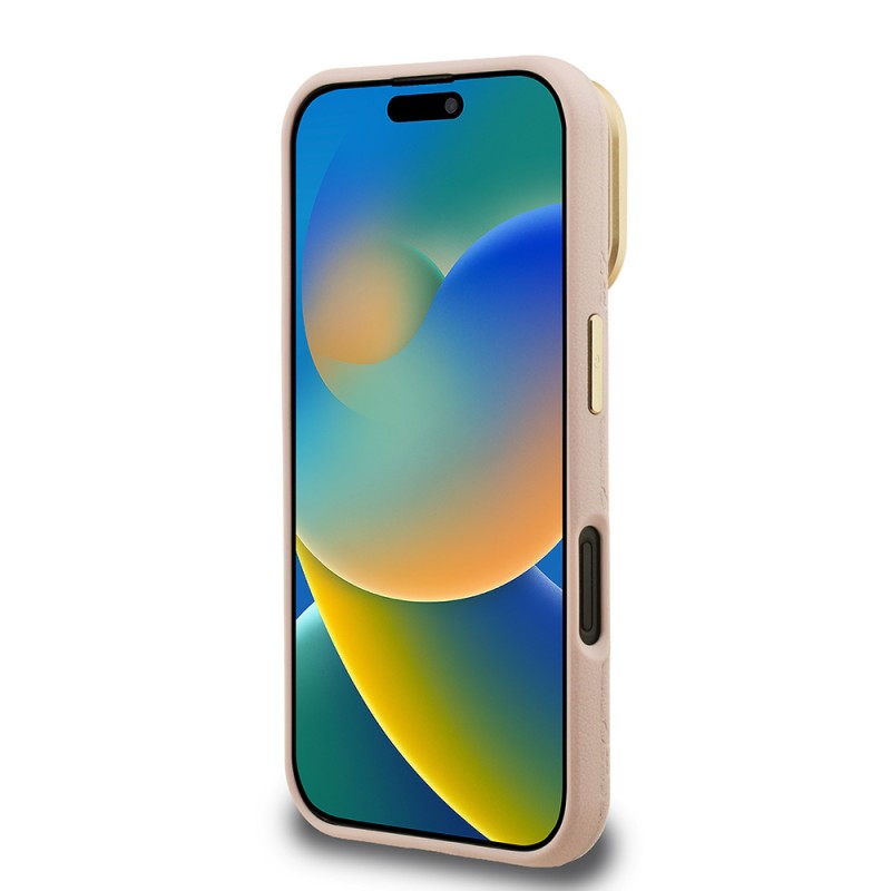 Bal-z Apple iPhone 16 Kılıf Guess Orjinal Lisanslı M-safe Şarj Özellikli Sıcak Baskılı Yazı Logolu Kamera Standlı PU Deri Peony Kapak