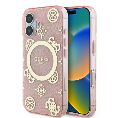 Bal-z Apple iPhone 16 Kılıf Guess Orjinal Lisanslı M-safe Şarj Özellikli 4G Desenli IML Yazı Logolu Peony Kapak