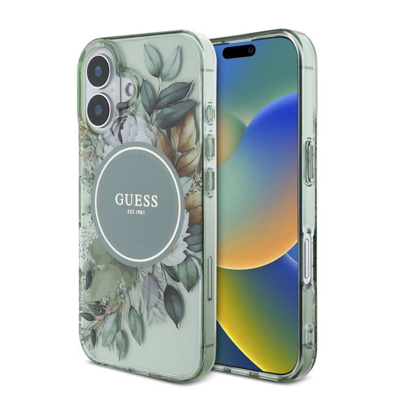 Bal-z Apple iPhone 16 Kılıf Guess Orjinal Lisanslı M-safe Şarj Özellikli IML Baskılı Çiçek İnci Bileklikli Kapak