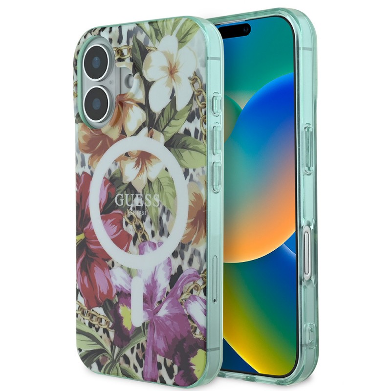 Bal-z Apple iPhone 16 Kılıf Guess Orjinal Lisanslı M-safe Şarj Özellikli IML Baskılı Jungle Ring Kapak